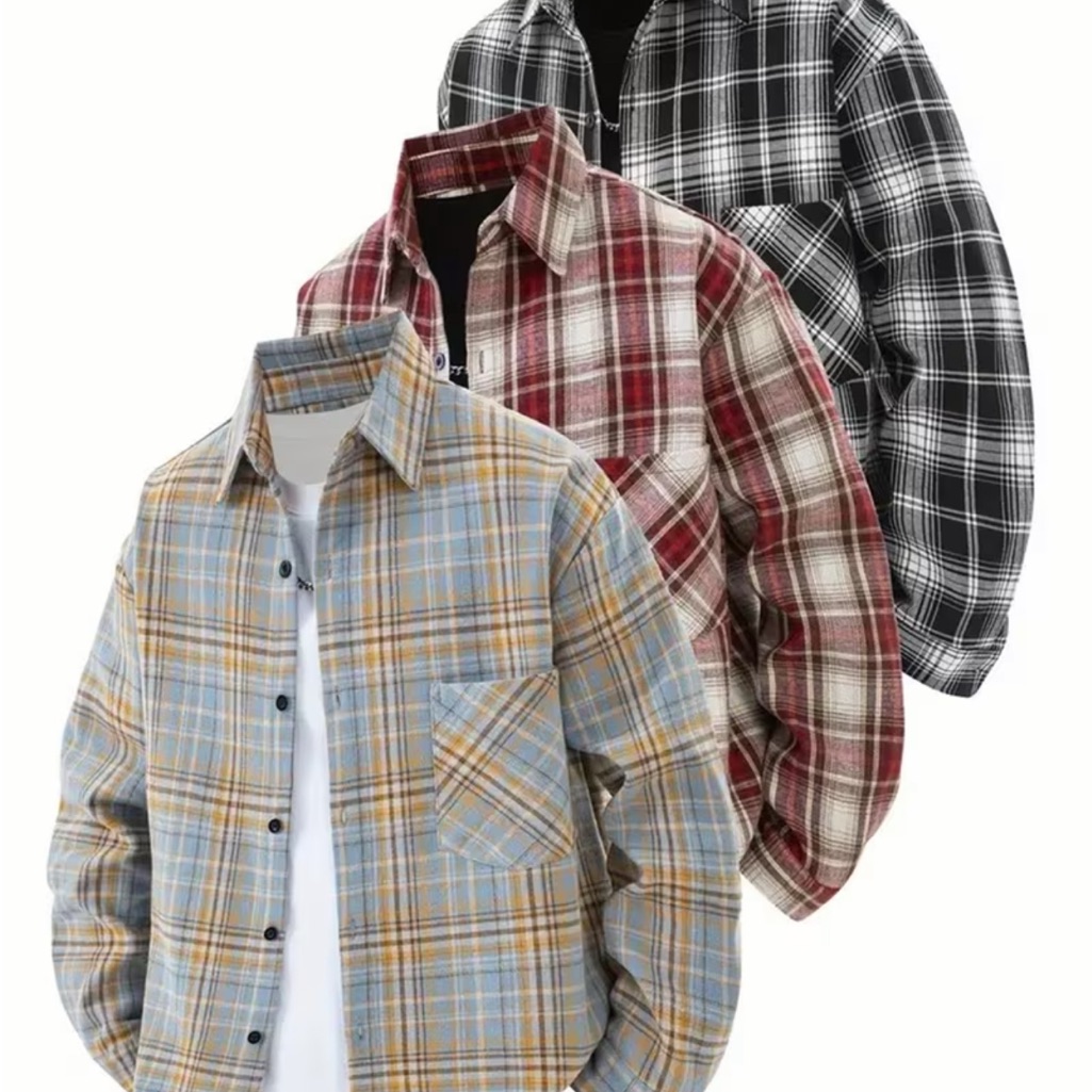 Plaid Button-Up Flannel Shirt - Blue, Navy, Black Sets Of 3